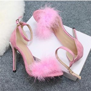 Women's Open Toe Sandal Fluffy Feather Lace Up Strappy High Heel Shoes NEW